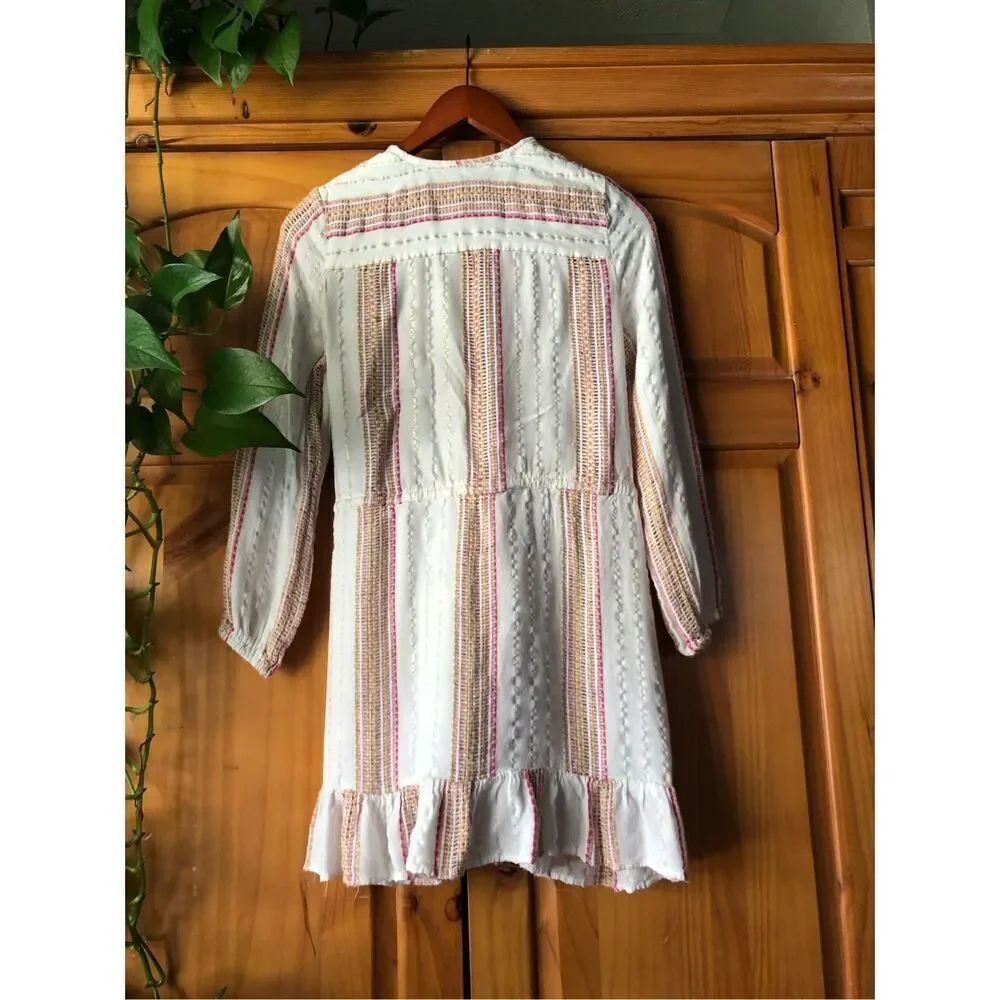 Blue Island Boho Wrap Dress XS Cream Striped Ruffle Hem Rayon - Picture 7 of 13